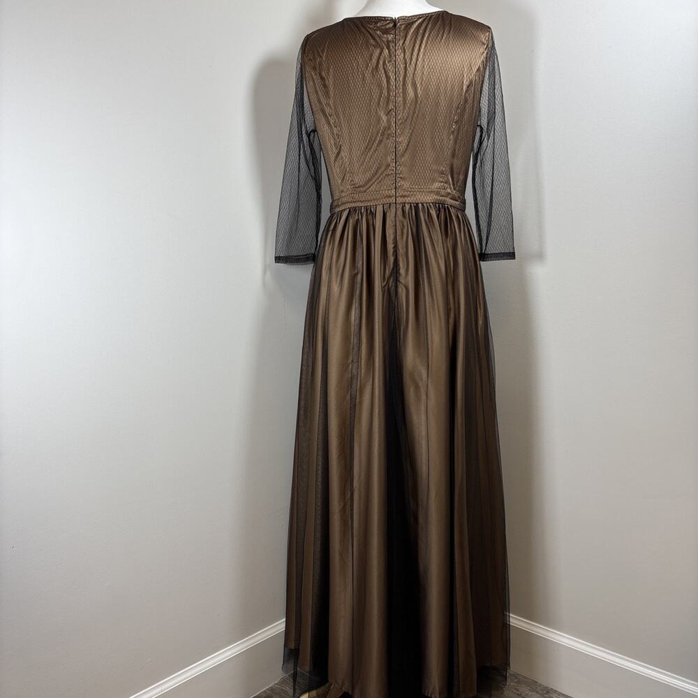 Bronze Satin Sheer Black Overlay Long Sleeve Formal Gown Whimsigoth Dark Boho M - Picture 5 of 12